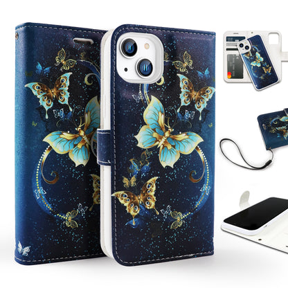 Tough On iPhone 14 Case Magnetic Detachable Leather Wallet Butterfly Blue Holly