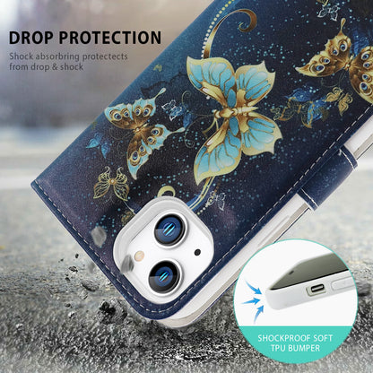 Tough On iPhone 14 Case Magnetic Detachable Leather Wallet Butterfly Blue Holly