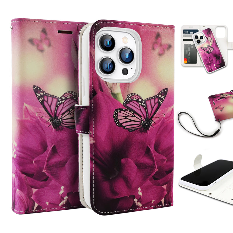 Tough On iPhone 14 Pro Max Case Magnetic Detachable Leather Wallet Butterfly Pink Lady