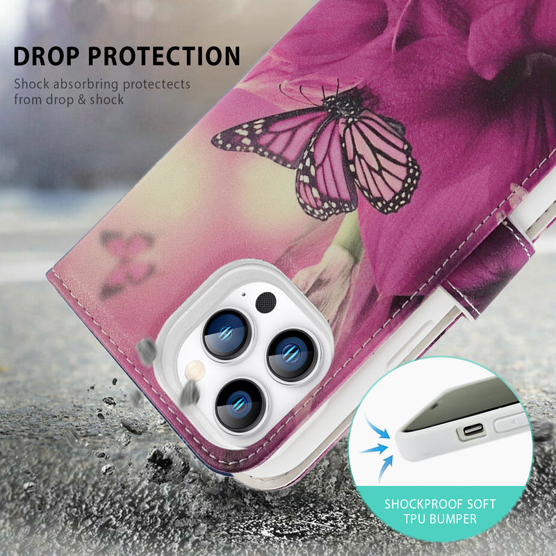 Tough On iPhone 14 Pro Max Case Magnetic Detachable Leather Wallet Butterfly Pink Lady