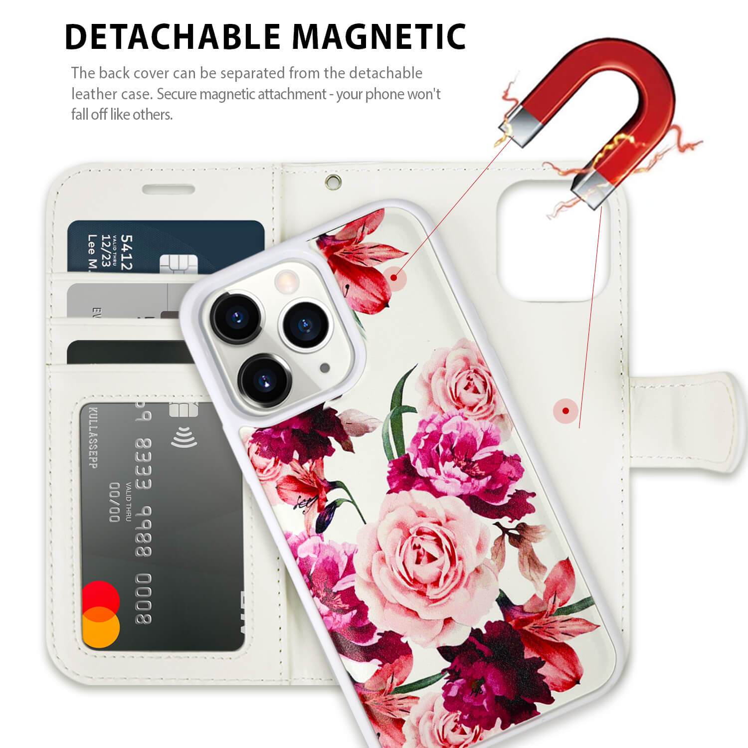 Tough On iPhone 13 Pro Max Case Magnetic Detachable Leather Rose Flower - Toughonstore