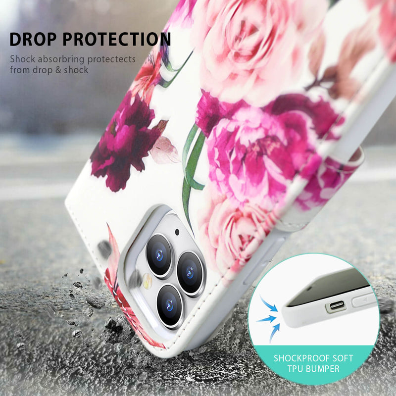 Tough On iPhone 12 Pro Max Case Magnetic Detachable Leather Rose Flower