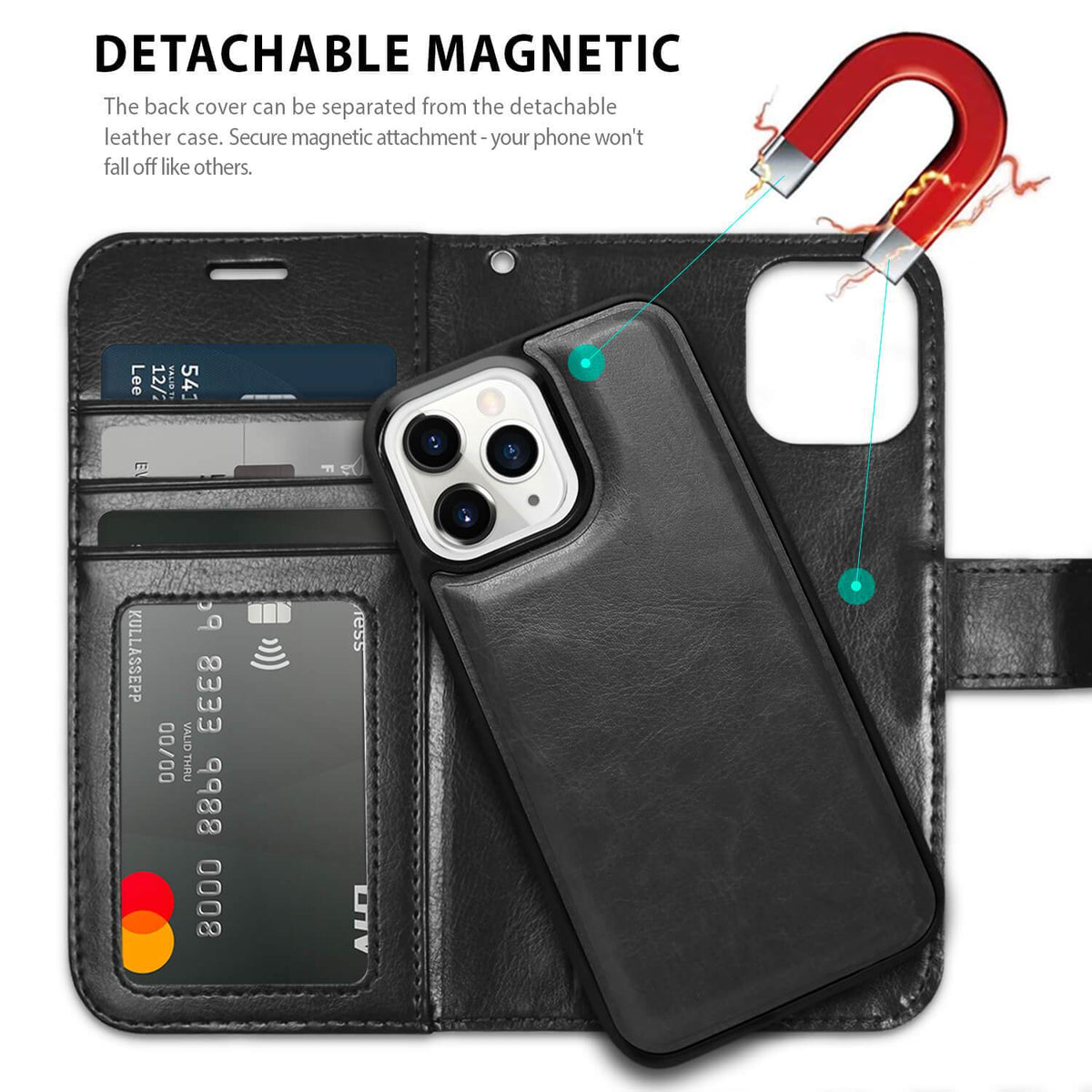 Tough On iPhone 13 Pro Case Magnetic Detachable Leather Black - Toughonstore