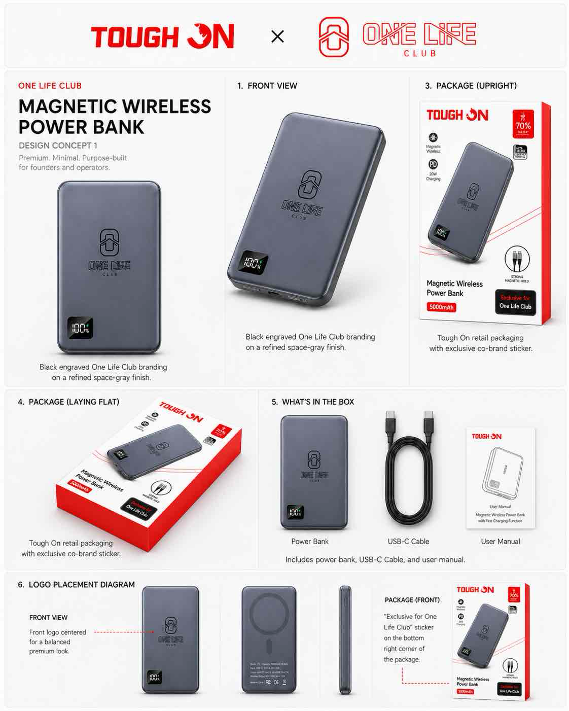 One Life Club custom concept: black engraved logo on a space-grey magnetic power bank